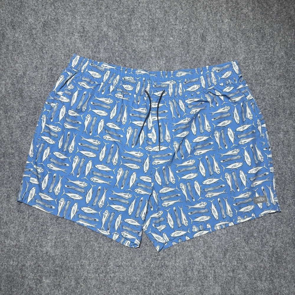 Aftco Swim Trunks Men XXL Blue Fish All Over Print Shorts Beach Mesh Lined 2XL
